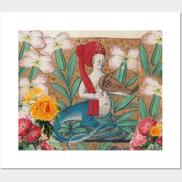 FAIRY MELLUSINA MAKING MUSIC AMONG FLOWERS Weird Medieval Bestiary Wall Art by BulganLumini